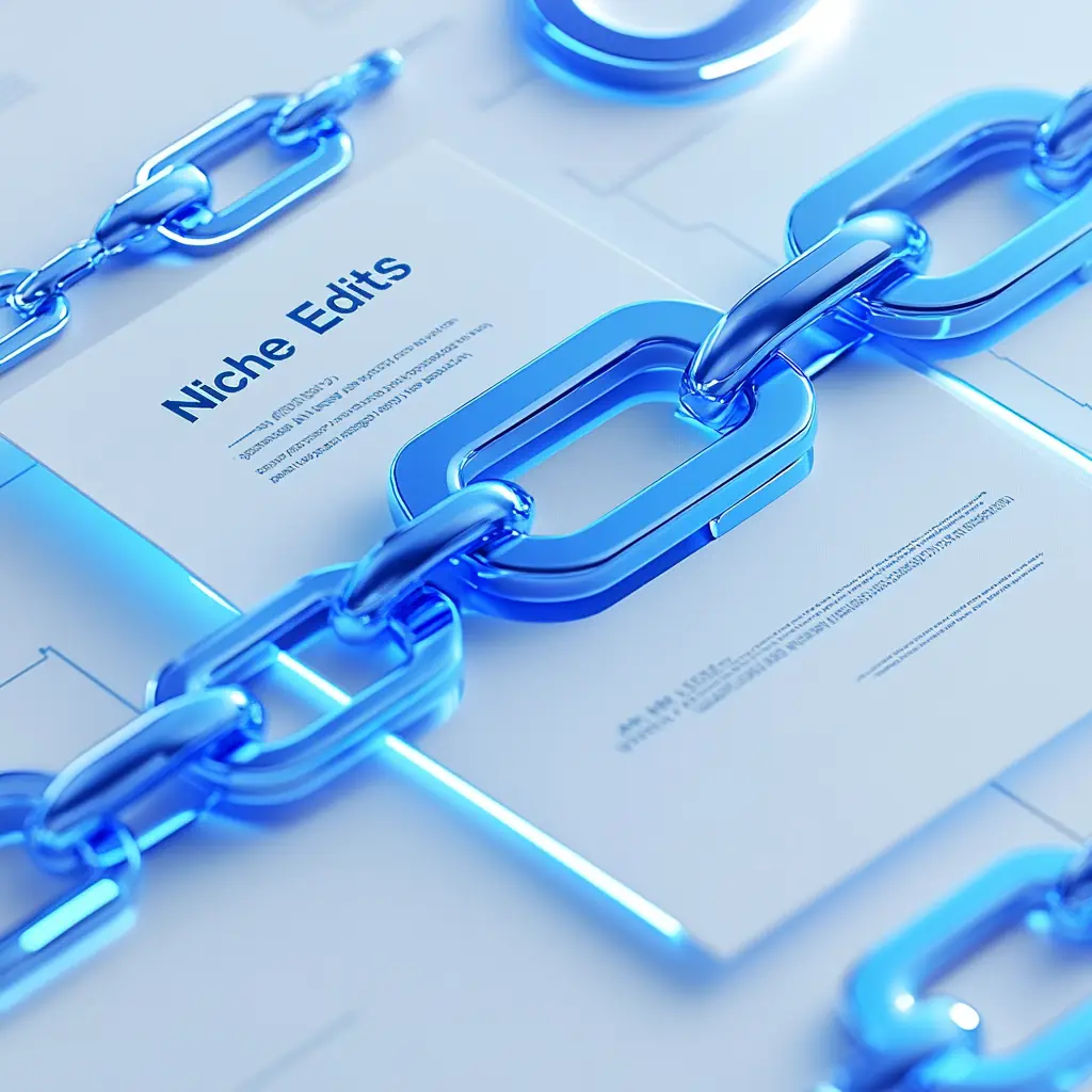 Futuristic design with 'Niche Edits' text in sleek, interconnected node-style typography. A glowing blue and white background highlights a link chain and an open page, symbolizing backlink integration and content optimization.
