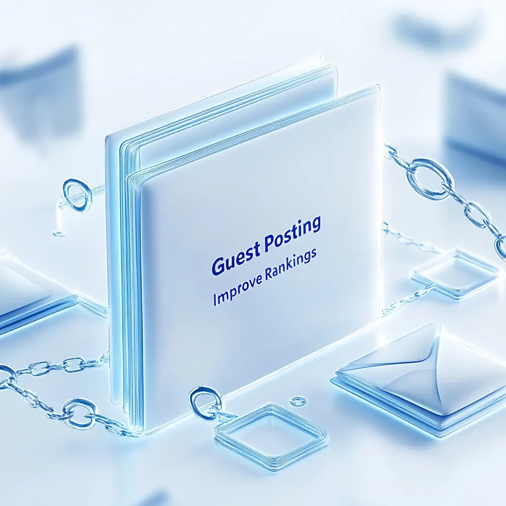 Minimalist digital design featuring 'Guest Posting' text in interconnected typography, with an email envelope, chain link, and open document symbolizing outreach and backlinks.