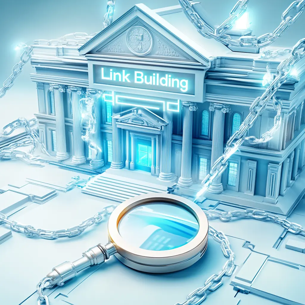 Futuristic palace-style building with 'Link Building' sign, glowing accents, and interconnected chains, symbolizing SEO backlinks and authority.