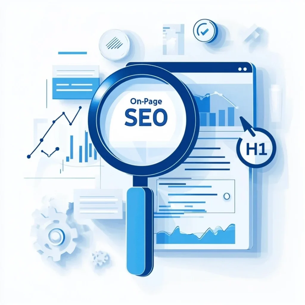 On-Page SEO concept with a magnifying glass inspecting webpage meta tags, surrounded by a performance graph and content optimization elements. Clean blue and white design representing SEO analysis and ranking improvement.