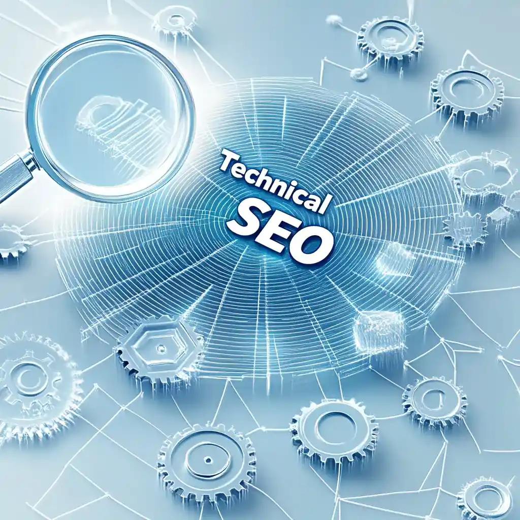 Futuristic Technical SEO concept featuring a glowing spider web with 'Technical SEO' text, a magnifying glass for analysis, and gear icons symbolizing backend optimization and search engine crawling.