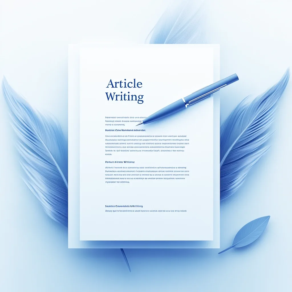 A sleek, minimalistic design featuring 'Article Writing' in modern typography. A quill and document icon represent creativity and professional writing, set against a soft snowy blue-to-white gradient background for a clean, elegant look.