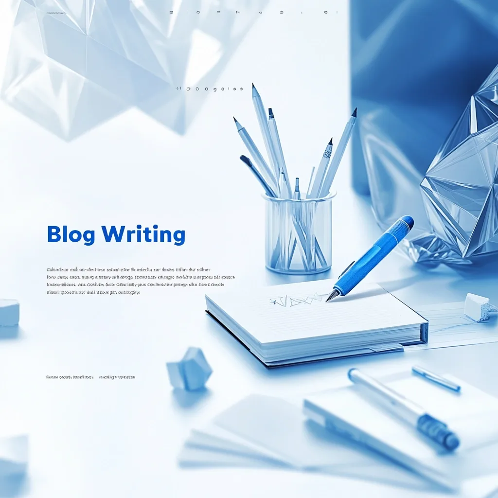 A clean, modern design featuring 'Blog Writing' in elegant typography. A digital pen and paper symbolize creativity and content writing, set against a snowy blue-to-white gradient background with geometric layouts for a professional look.