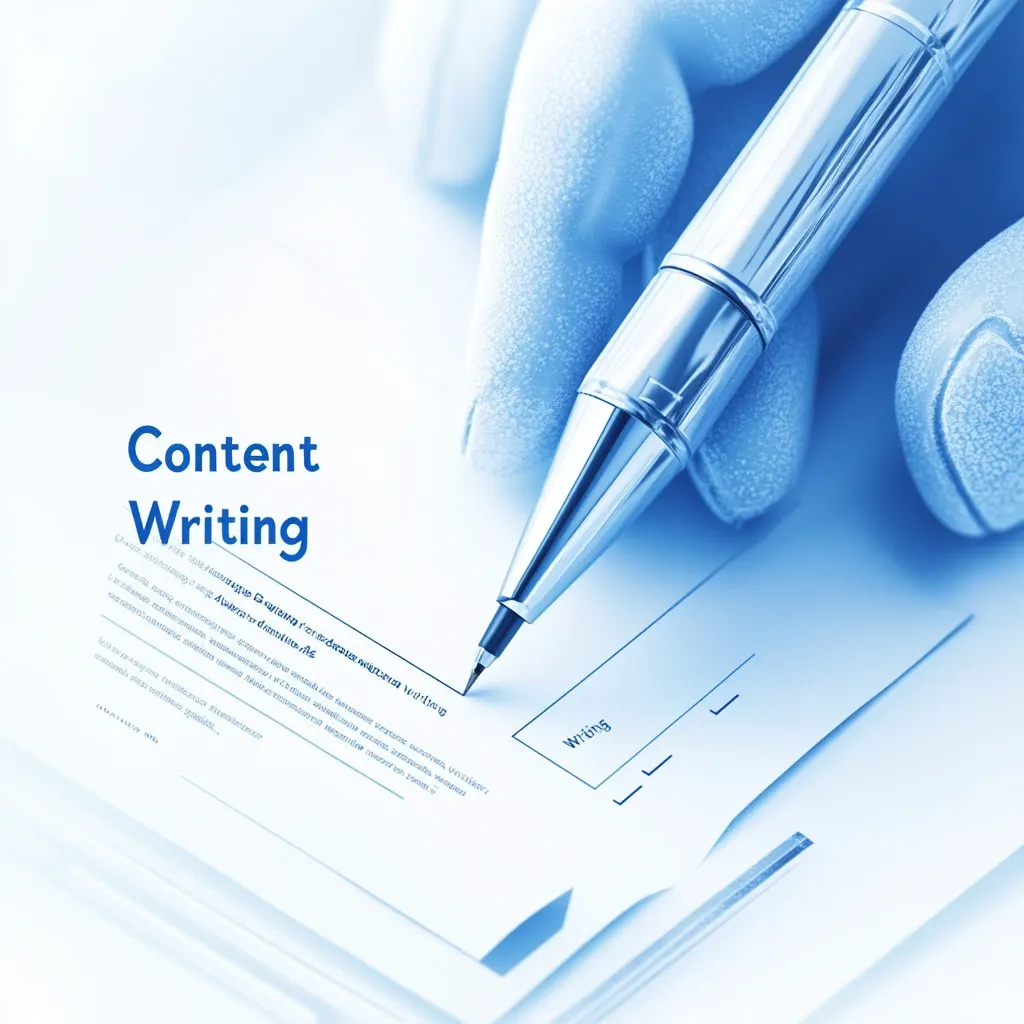 A sleek, professional design featuring 'Content Writing' in bold typography. A detailed pen icon writes on a paper with clean text lines, set against a snowy blue and white gradient background, exuding simplicity and professionalism.