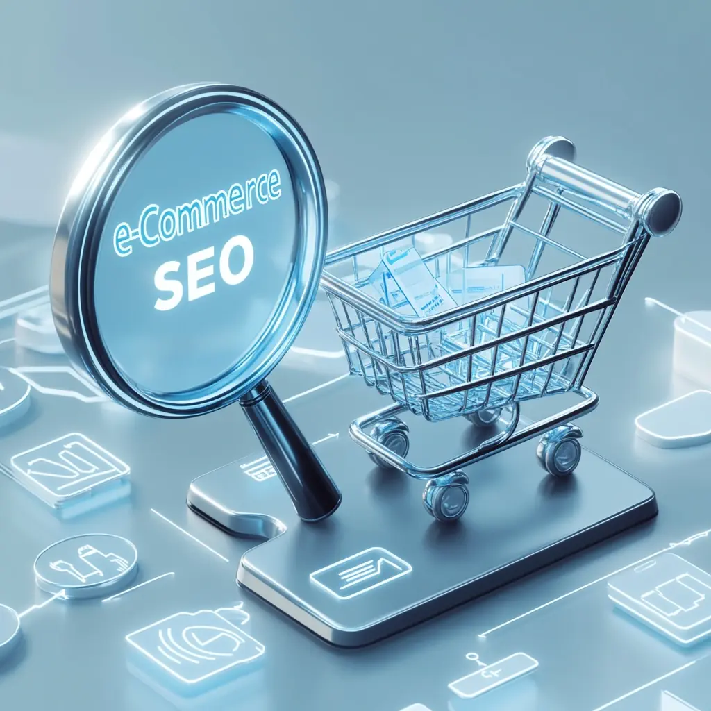 E-commerce SEO concept featuring a shopping cart, magnifying glass with 'e-Commerce SEO' text, and digital icons like search, cart, tags, and analytics, set in a futuristic snowy blue and white theme.