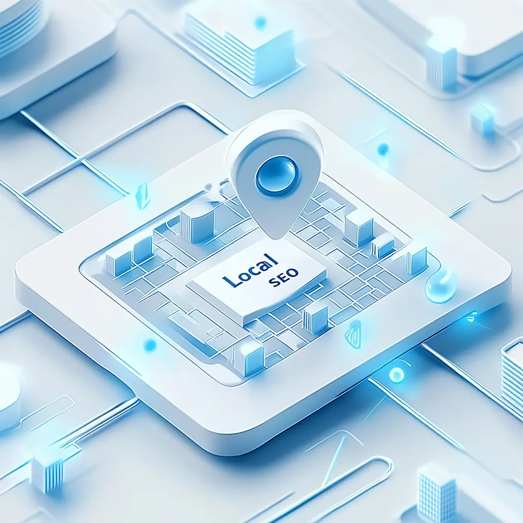 A small cityscape view with a digital map overlay, featuring a prominent map pin and the text 'Local SEO' near it. The background blends snowy white tones with soft blue gradients and abstract city lights, creating a modern and professional SEO concept.