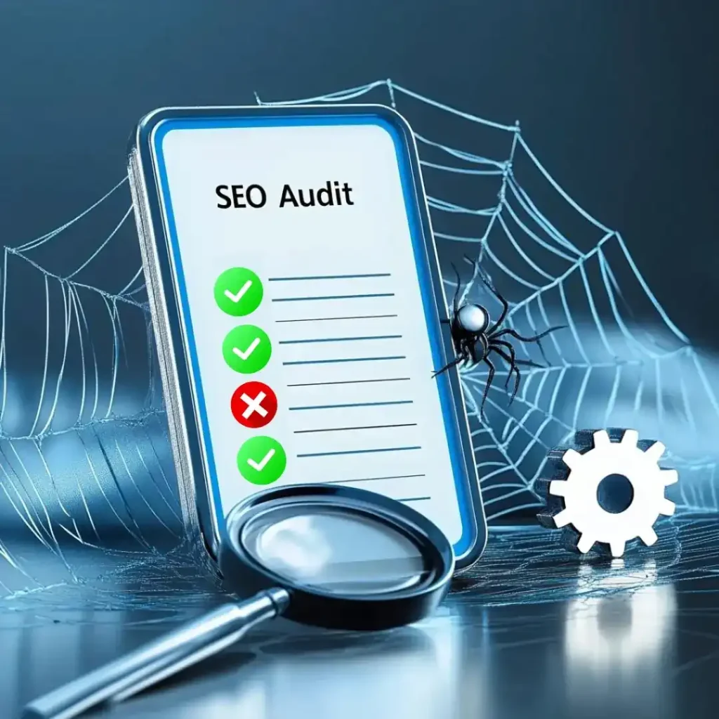 SEO Audit concept featuring a digital checklist with completed and pending tasks, a magnifying glass inspecting the list, and a subtle spiderweb design in the background, symbolizing in-depth website analysis.