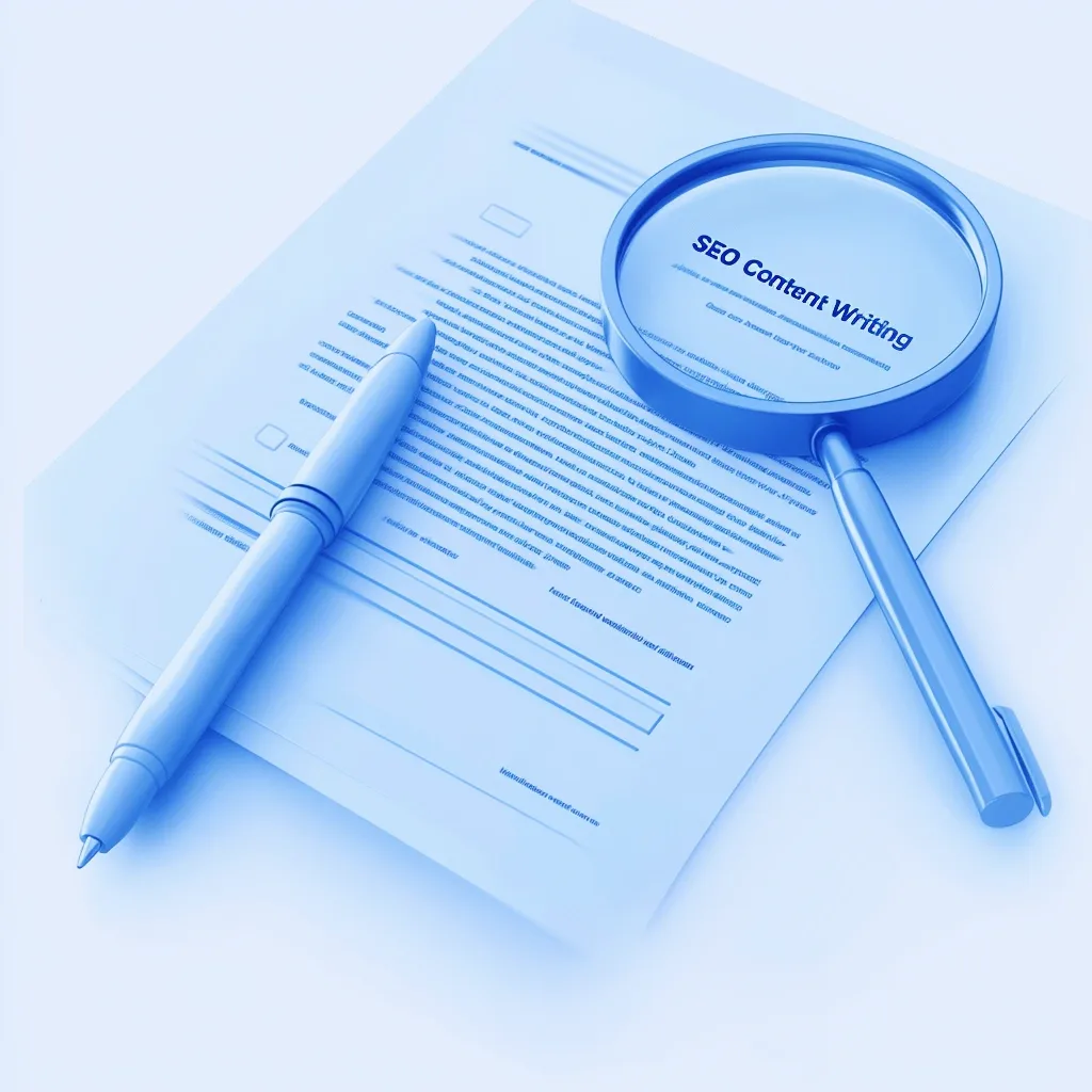 A sleek, professional design featuring 'SEO Content Writing' in bold typography. A pen icon writes on a document with visible text lines, while a magnifying glass highlights a section, symbolizing keyword optimization. The background has a snowy blue-to-white gradient, exuding clarity and professionalism.