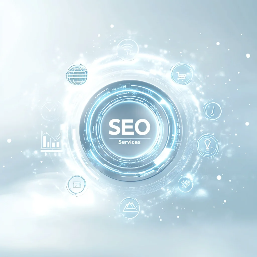 A futuristic digital composition with 'SEO Services' displayed in a sleek, glowing frosted-glass style. The background features a snowy white gradient with soft blue lighting. Surrounding the text are interconnected elements symbolizing a comprehensive digital SEO strategy.