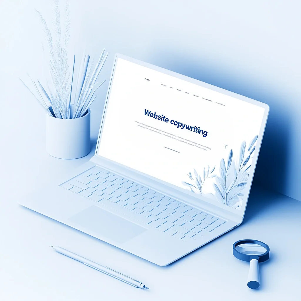 A laptop displaying 'Website Copywriting' on the screen, with a magnifying glass and pen placed beside it. The design features a snowy blue-to-white gradient, symbolizing SEO precision and creative writing.