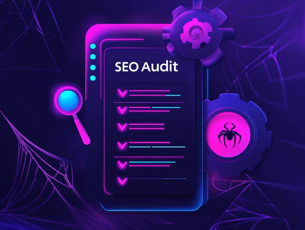 Neon-themed SEO Audit design featuring a digital to-do list with a magnifying glass hovering over it, symbolizing analysis. A subtle spiderweb with a small spider icon appears in the background, along with soft abstract lines and a gear icon, all set against a dark backdrop with purple, blue, and pink neon accents.
